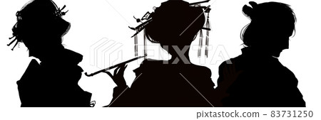 A paper-cut silhouette depicting the love triangle between a prostitute Yoshiwara, a daughter of a tradesman, and a young samurai ronin. 83731250