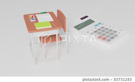 Miniature school desk and calculator placed on a flat surface Miniature school desk and calculator placed on a flat surface 83731283