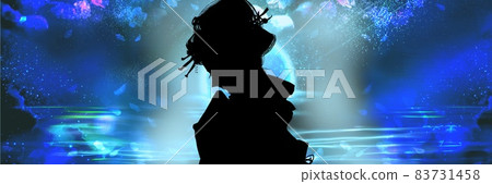 Full moon reflecting a suspicious full moon and Kabuki actor Machimusume style costume Female silhouette Full moon reflecting a suspicious full moon and Kabuki actor Machimusume style costume Female silhouette 83731458