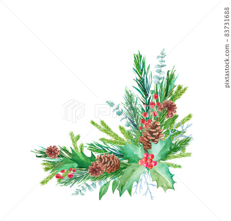 聖誕裝飾品的水彩插圖，如松果、冷杉枝條和冬青。 （矢量。佈局可以改變） 83731688