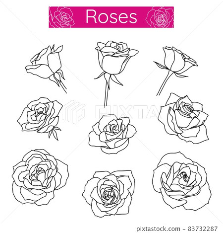 Rose flowers outline hand drawn line art set in minimalist monochrome linear style. For logo design, icons, decoration. 83732287