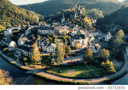 Scenic, elevated view of Esch-Sur-Sure town in Luxembourg, Europe 83732650
