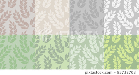 Set of seamless patterns with odd-pinnate complex leaves  A set of endless patterns of leaves or twigs of ash-tree, olive, acacia, goat's rue, quina in pastel gray and greenish tones  83732708