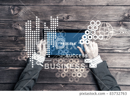 Business workplace with tablet device coffee cup and media user interface Business workplace with tablet device coffee cup and media user interface 83732763