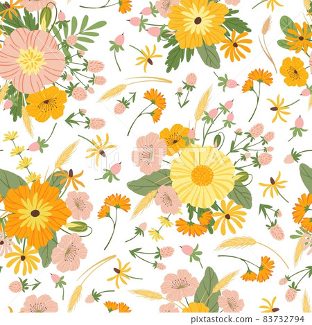 Floral seamless pattern, cute spring background with flowers. Blooming flower fabric texture, abstract print for summer clothes vector template Floral seamless pattern, cute spring background with flowers. Blooming flower fabric texture, abstract print for summer clothes vector template 83732794