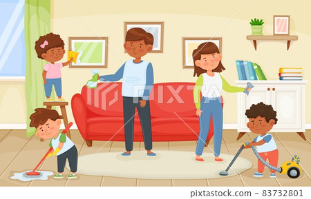 Family cleaning home, children helping parents with housework. Father and mother with kids dusting and vacuuming floor Vector illustration Family cleaning home, children helping parents with housework. Father and mother with kids dusting and vacuuming floor Vector illustration 83732801