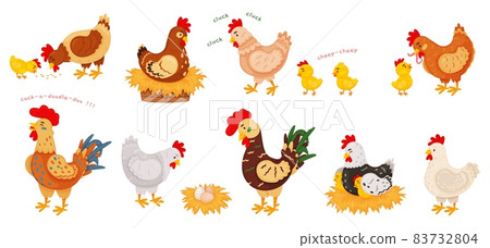 Cartoon funny chickens, hens and roosters, cute chicks. Chicken on nest with eggs, little chick and mother hen, farm bird animals vector set Cartoon funny chickens, hens and roosters, cute chicks. Chicken on nest with eggs, little chick and mother hen, farm bird animals vector set 83732804