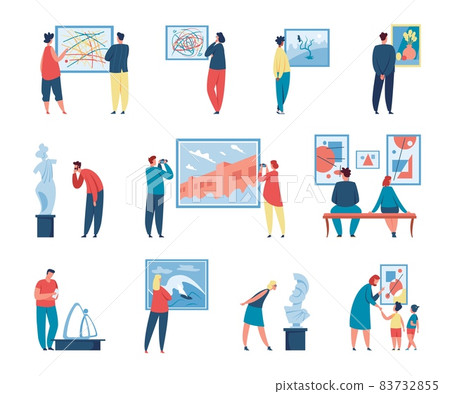 Art gallery visitors looking at paintings, people in museum exhibition. Characters admiring or taking photo of painting or sculpture vector set 83732855