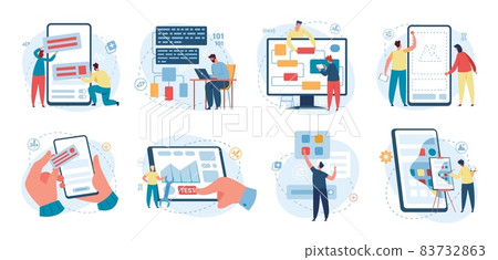Web designer and programmer working on web development. Software developer writing code, programming software, developing app vector concept set 83732863