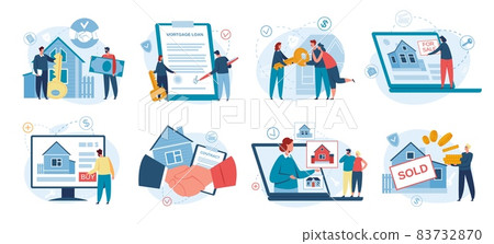 Real estate search, online property market, mortgage loan. Family buying house or renting apartment, virtual housing tour concept vector set 83732870