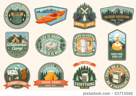 Summer camp with design elements. Vector illustration. Camping and outdoor adventure emblems. Typography design with retro camping tea kettle, compass, kayak, camping tent, mug and forest silhouette. Summer camp with design elements. Vector illustration. Camping and outdoor adventure emblems. Typography design with retro camping tea kettle, compass, kayak, camping tent, mug and forest silhouette. 83733088