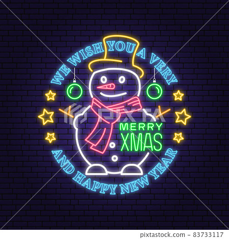 Wish you a very Merry Christmas and Happy New Year neon sign with star, christmas snowman, christmas ball. Vector illustration. Vintage design for xmas, new year emblem in retro style. 83733117