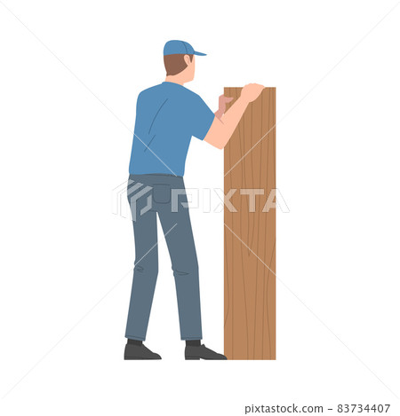 Young Man in Blue Cap Assembling and Installing Wooden Furniture Vector Illustration Young Man in Blue Cap Assembling and Installing Wooden Furniture Vector Illustration 83734407