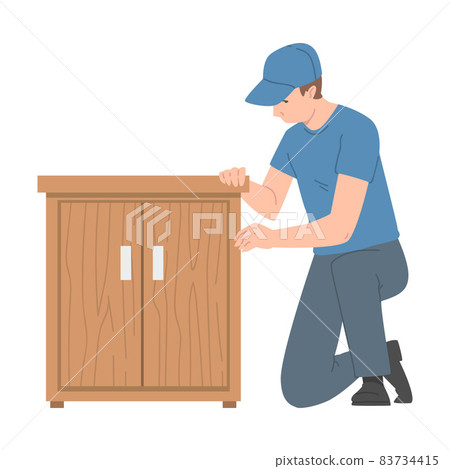 Young Man in Blue Cap Assembling and Installing Wooden Furniture Vector Illustration 83734415