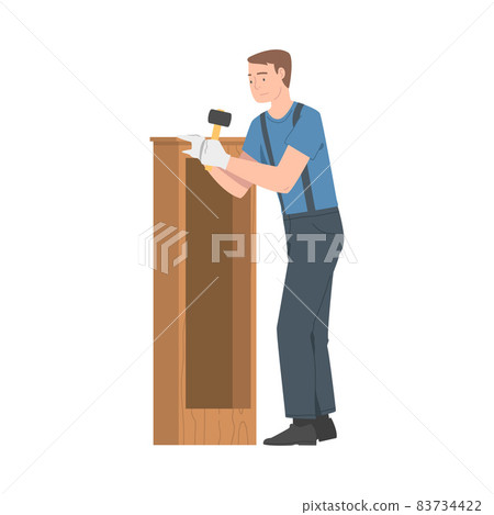 Young Man in Overall with Hammer Assembling and Installing Wooden Furniture Vector Illustration Young Man in Overall with Hammer Assembling and Installing Wooden Furniture Vector Illustration 83734422