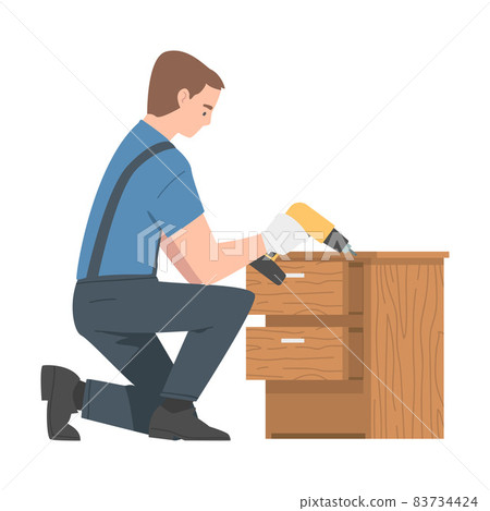 Young Man in Overall with Drill Assembling and Installing Wooden Furniture Vector Illustration 83734424