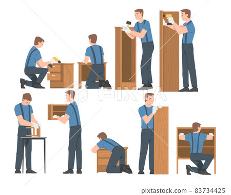 Young Man in Overall Assembling and Installing Wooden Furniture Vector Set Young Man in Overall Assembling and Installing Wooden Furniture Vector Set 83734425