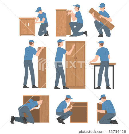 Young Man in Blue Cap Assembling and Installing Wooden Furniture Vector Set 83734426