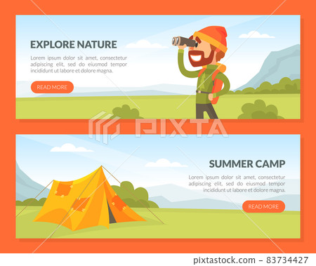 Camping Adventure with Man Tourist Character with Backpack Hiking and Trekking in Mountains Vector Template 83734427