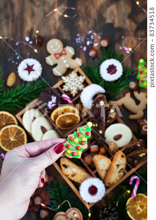 Sweet Christmas cookies in wooden box on rustic table 83734518