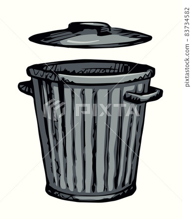 Iron trash can isolated on white. Black ink hand drawn sign Iron trash can isolated on white. Black ink hand drawn sign 83734582