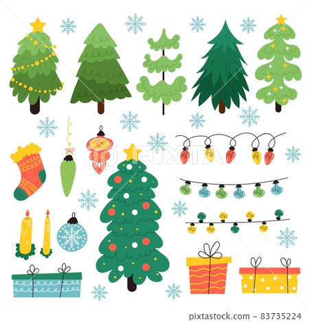 Christmas toys trees. Holiday new year tree with glass balls, gifts and light bulb garland, cartoon festive candles, green spruces and snowflakes, xmas celebration decor elements vector set 83735224
