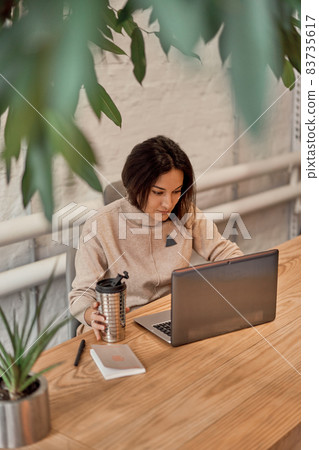 Woman with hot drink using laptop 83735617