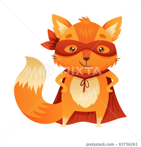 Orange Fox Animal Character Superhero Dressed in Mask and Red Cape or Cloak Standing Vector Illustration 83736261