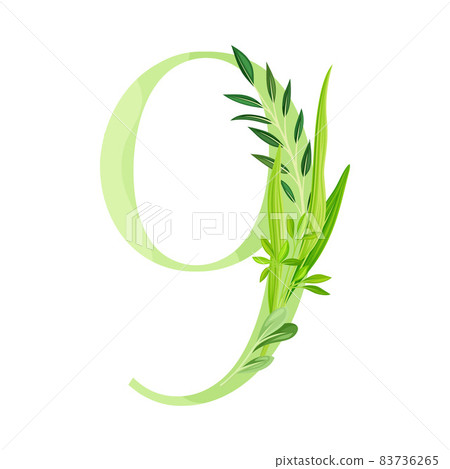 Number or Numeral Nine Decorated with Green Foliage and Leaf Vector Illustration Number or Numeral Nine Decorated with Green Foliage and Leaf Vector Illustration 83736265