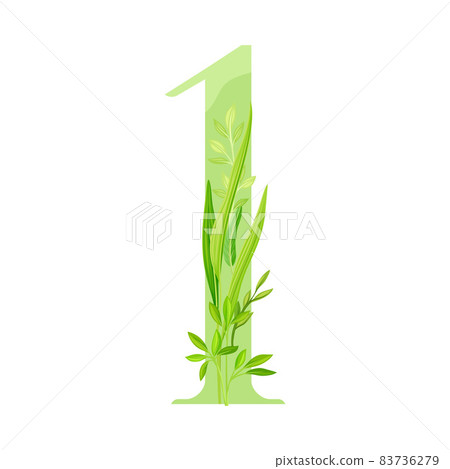 Number or Numeral One Decorated with Green Foliage and Leaf Vector Illustration 83736279