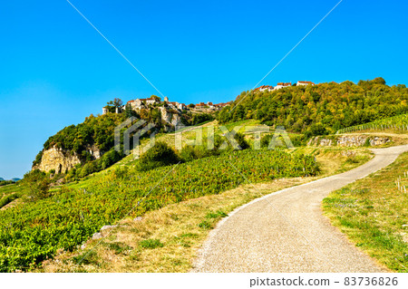 Chateau-Chalon village above its vineyards in Jura, France 83736826