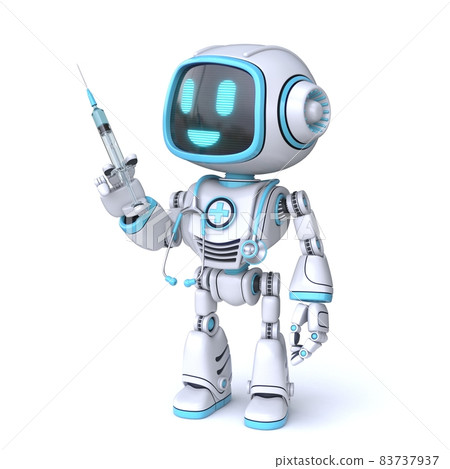 Cute blue robot doctor with an injection and stethoscope 3D 83737937