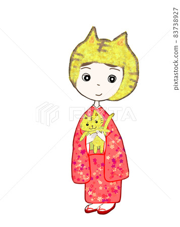 賀年片素材-老虎頭飾和服少女 賀年片素材-老虎頭飾和服少女 83738927