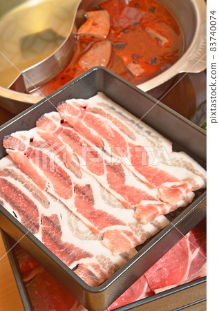 Raw pork slice in the dish Raw pork slice in the dish 83740074