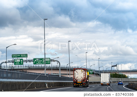 A truck approaching Nagoya Minami Junction on the Isewangan Expressway in Nagoya City, Aichi Prefecture A truck approaching Nagoya Minami Junction on the Isewangan Expressway in Nagoya City, Aichi Prefecture 83740386