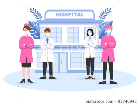 Hospital Building for Healthcare Background Vector Illustration with, Ambulance Car, Doctor, Patient, Nurses and Medical Clinic Exterior 83740948