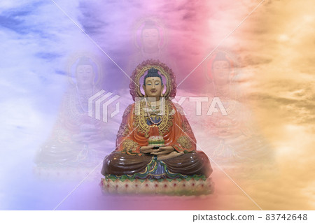 Imaginary image of meditating Buddha statue in Chinese style on sky. Imaginary image of meditating Buddha statue in Chinese style on sky. 83742648