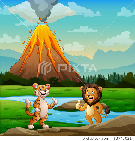 Cute lion and tiger giving thumb up at nature background 83743021