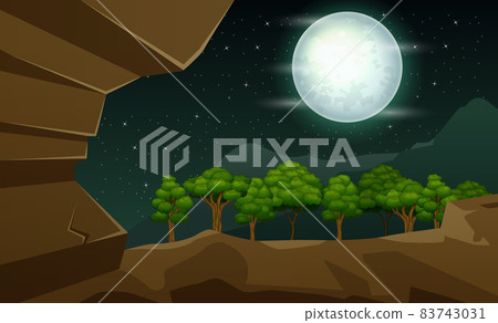 Cartoon illustration of cave entrance at night Cartoon illustration of cave entrance at night 83743031