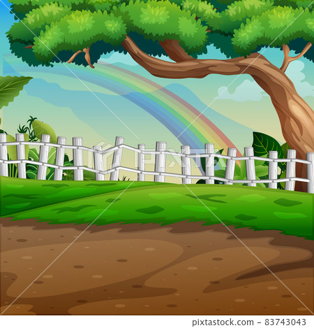 Beautiful landscape background with a tree and rainbow	 83743043