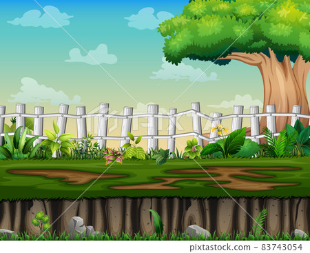 Nature scene with a big tree and wooden fence illustration 83743054