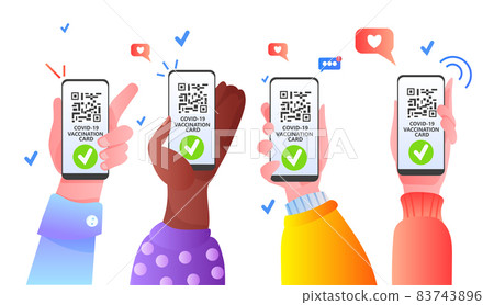mix race hands holding smartphones with digital immunity passport qr code on screen risk free covid-19 pandemic vaccination mix race hands holding smartphones with digital immunity passport qr code on screen risk free covid-19 pandemic vaccination 83743896