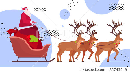santa riding in sledge with reindeers happy new year merry christmas winter holidays celebration concept santa riding in sledge with reindeers happy new year merry christmas winter holidays celebration concept 83743949