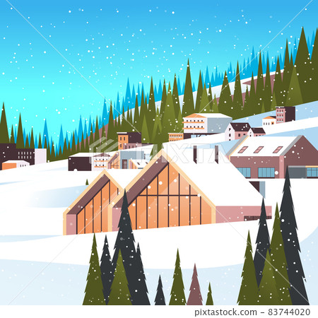 snow covered houses in winter season residential houses area ski resort concept new year and christmas celebration 83744020