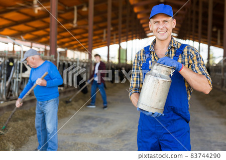 Farmer with co-workers in cowhouse Farmer with co-workers in cowhouse 83744290