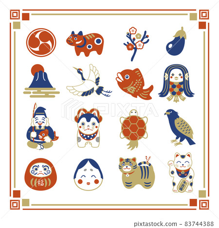 新年,幸運符,Ebisu,招手貓,amabie,快樂圖標插圖集 新年,幸運符,Ebisu,招手貓,amabie,快樂圖標插圖集 83744388