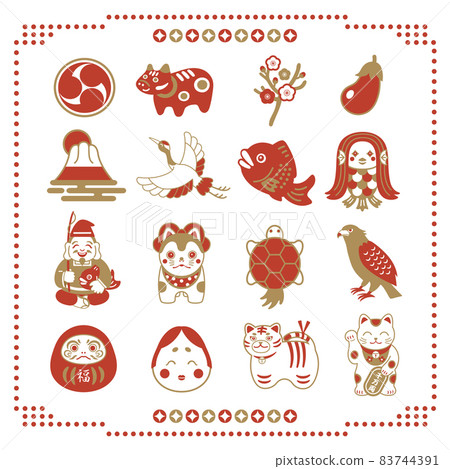 New Year, lucky charm, Ebisu, beckoning cat, amabie, happy icon illustration set New Year, lucky charm, Ebisu, beckoning cat, amabie, happy icon illustration set 83744391