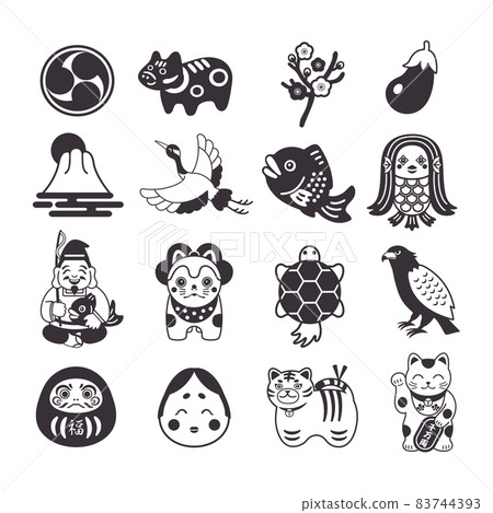 新年，幸運符，Ebisu，招手貓，amabie，快樂圖標插圖集 83744393