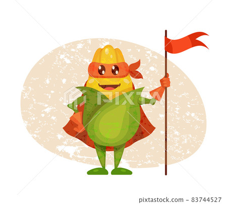 Funny cartoon character vegetable corn in superhero costume at masks emotion points with hand. Vegetable character super hero product fun food costume vector illustration Funny cartoon character vegetable corn in superhero costume at masks emotion points with hand. Vegetable character super hero product fun food costume vector illustration 83744527