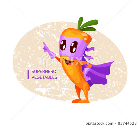 Funny cartoon character fruit carrot in superhero costume at masks emotion points with hand. Vegetable character super hero product fun food costume vector illustration Funny cartoon character fruit carrot in superhero costume at masks emotion points with hand. Vegetable character super hero product fun food costume vector illustration 83744528